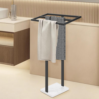 Standing Towel Rack, 304 Stainless Steel 2 Tier Towel Holder Stand with Heavy Marble Base, Stylish Floor Towels Bar for Bathroom Accessories, Laundry Room, Pool, (Black)