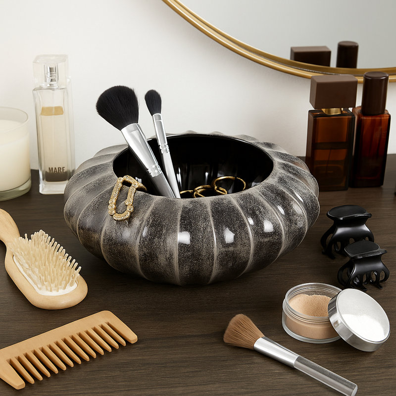 Decorative Round Ribbed Pottery Bowl with Glazed Finsih for Home Decor - Modern Accent Bowl for Shelf, Coffee Table, or Home Decor - 14", Black