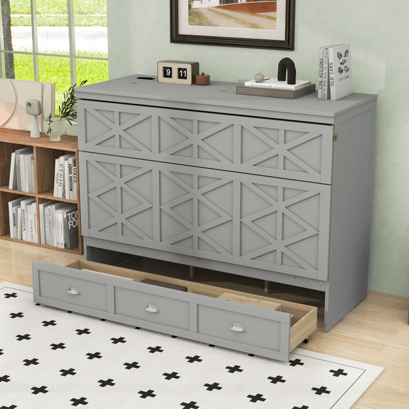 Lit escamotable avec tiroirs et USB Murphy, Gris brossé