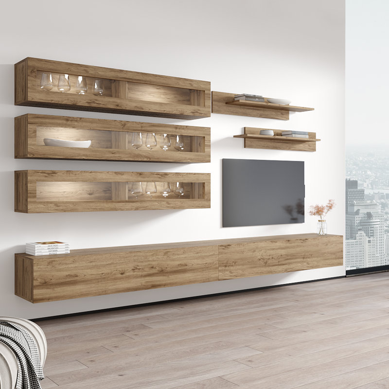 Voelker 126" Modern Floating Wall Mounted Entertainment Center with 16-Color LED Lighting, High Gloss Finish, Oak