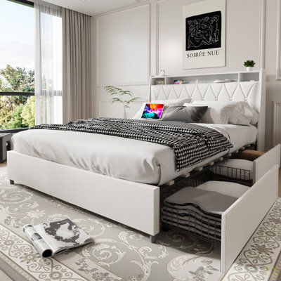 Queen Bed Frame With Ergonomic Headboard, Platform Bed Frame Queen Size With Outlets & Charger, Bed Frame Queen Size With Storage Shelf, Noise-Free, No Box Spring Needed