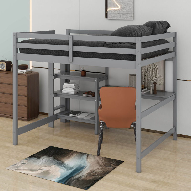 Lit mezzanine simple avec tablettes, bureau et tableau d'écriture, Gris
