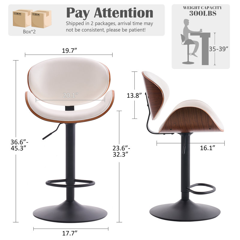 Swivel Adjustable Height Bar Stools PU Leather Counter Stools With Bentwood Back For Bar, Kitchen And Dining Room, White