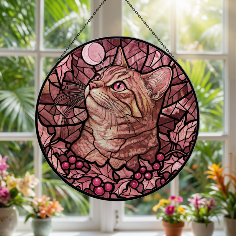 7.8"H Cat Leaves Stained Glass Window Panel, 7.8" H x 7.8" W