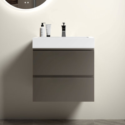 Modern Gray Bathroom Vanity - 24" Wall Mounted With Sink, Double Drawers For Neat Storage, Silent Camel, No Look Drawers, Eagle, Cool