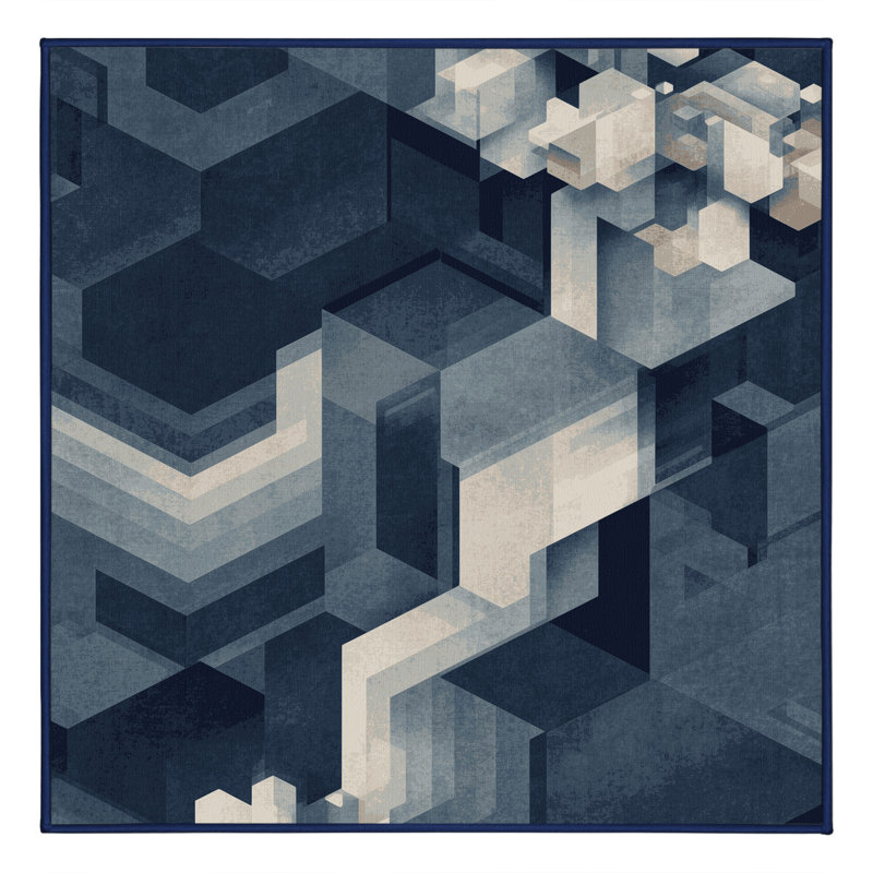 Soft Plush Eichhorn Modern & Contemporary Abstract Area Rug in Gray – Navy Binding, 4' Square