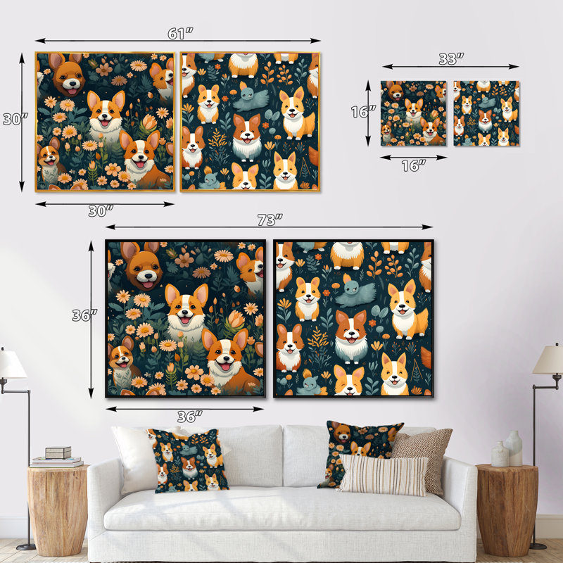 Corgi Cuties - Ensemble de 2 animaux carrés, Cadre flottant noir, H 30 po x l 61 po