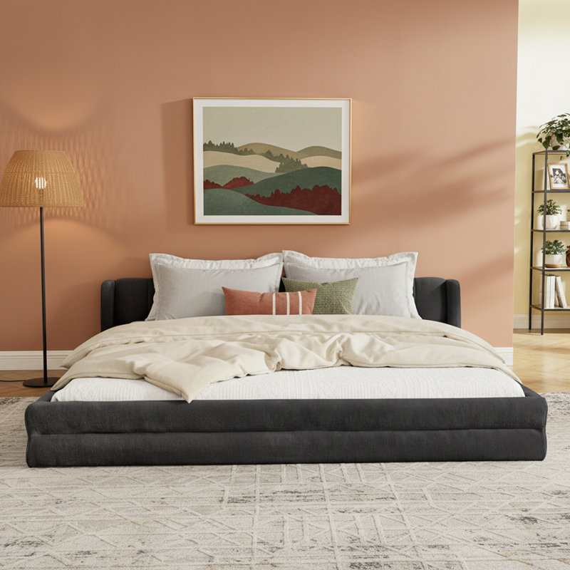 Très grande base de lit tapissier avec tissu chenille épais, tête de lit confortable et structure solide, Gris foncé