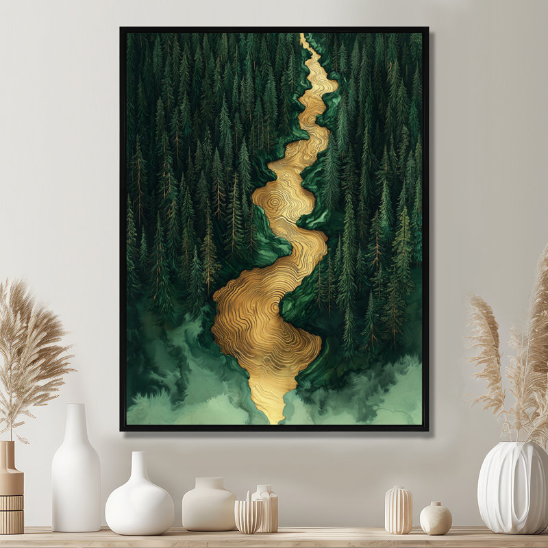 Genut Forest River of Emerald Crystal IV - Art mural forêt, H 32 po x l 24 po, Reproduction avec cadre flottant, Noir