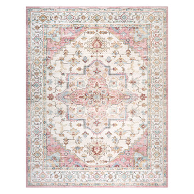 HGTV Everyday Chic Machine Washable Indoor Rug, Printed Soft Flannel Polyester with Non-Slip Backing,  Zahra Pink 9x13