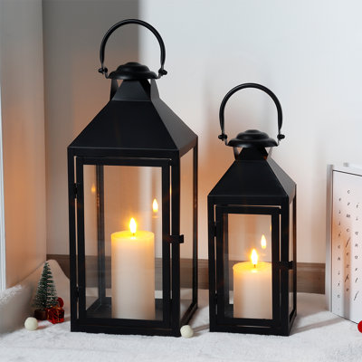 JHY DESIGN Set of 2 Metal Lanterns with Tempered Glass Farmhouse Candle Holders