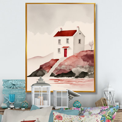 Maison blanche avec toit rouge au bord de l'eau - reproduction sur toile