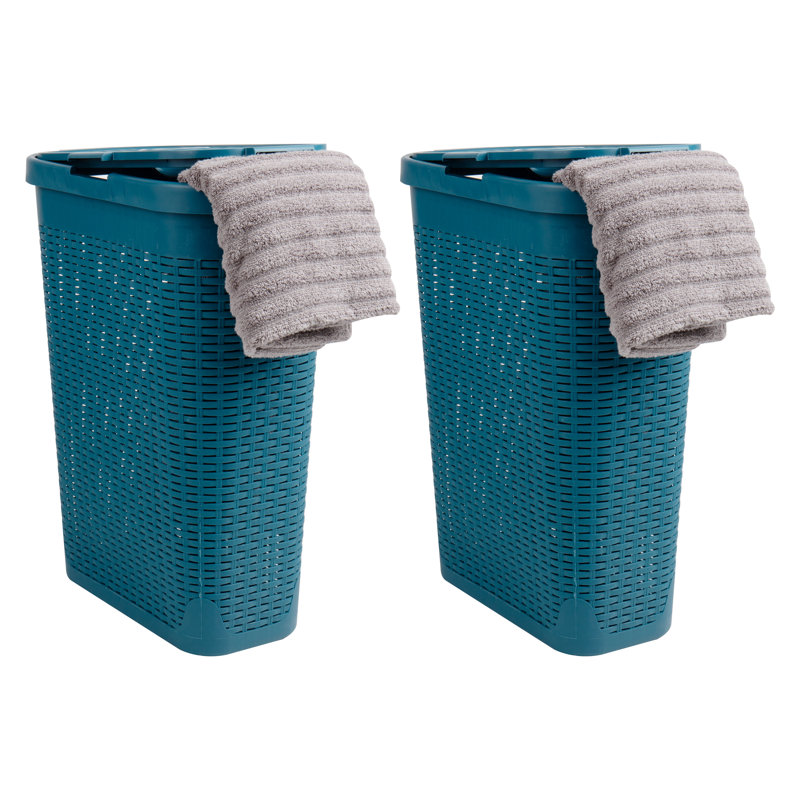 Slim Laundry Hamper, 40 Liter Capacity, Hinged Lid, 2 Pack, Tan, 18"D x 10.4"W x 23.5"H