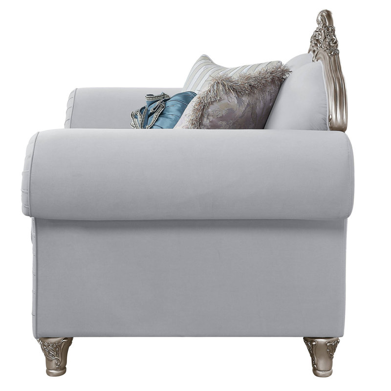 Pelumi Light Gray Linen Camelback Loveseat with Floral Cushions