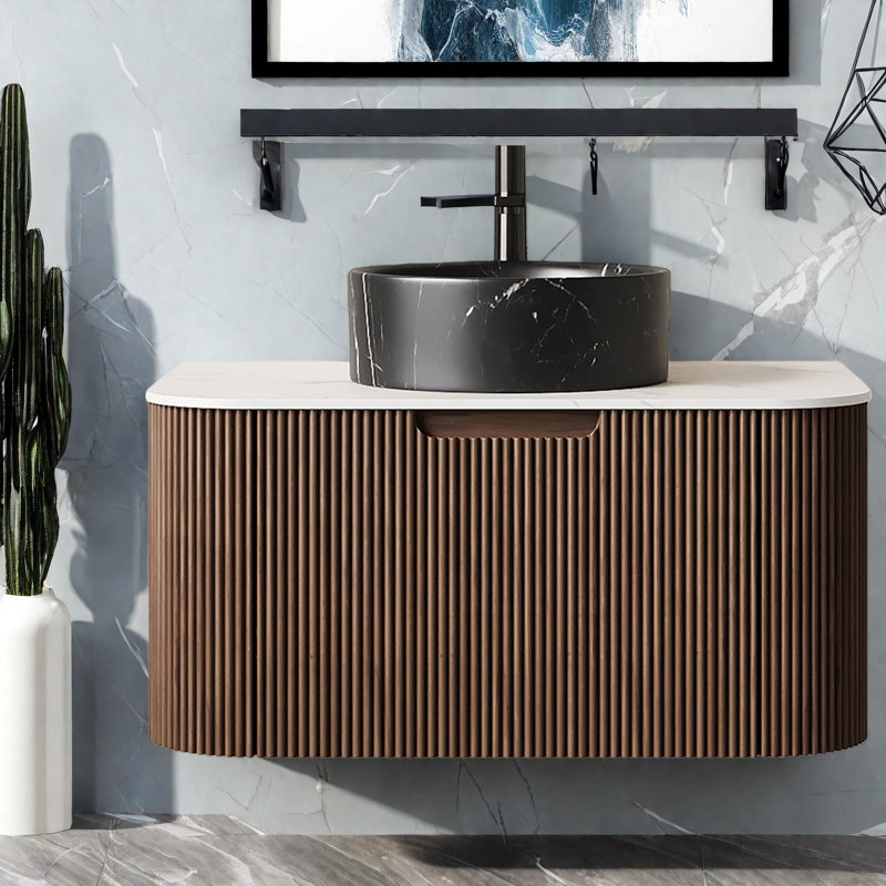 Meuble-lavabo et lavabo flottant Modern Modern, lavabo en céramique durable et solution de rangement pour petits espaces, finition noyer foncé élégant