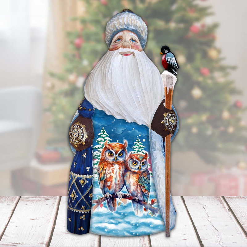 Couple Of Owls Santa Wood Carved Masterpiece Figurine By G. Debrekht