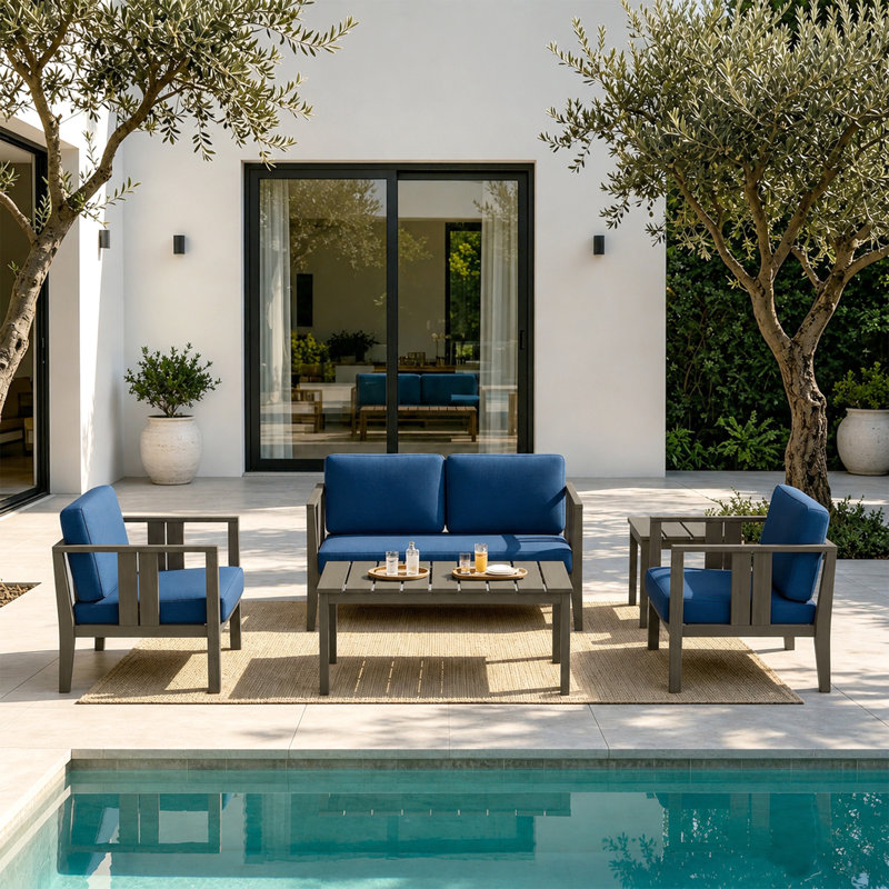 Junco Teak Outdoor Four-person Patio Set with Cushions and Two Tables, Brown, Navy