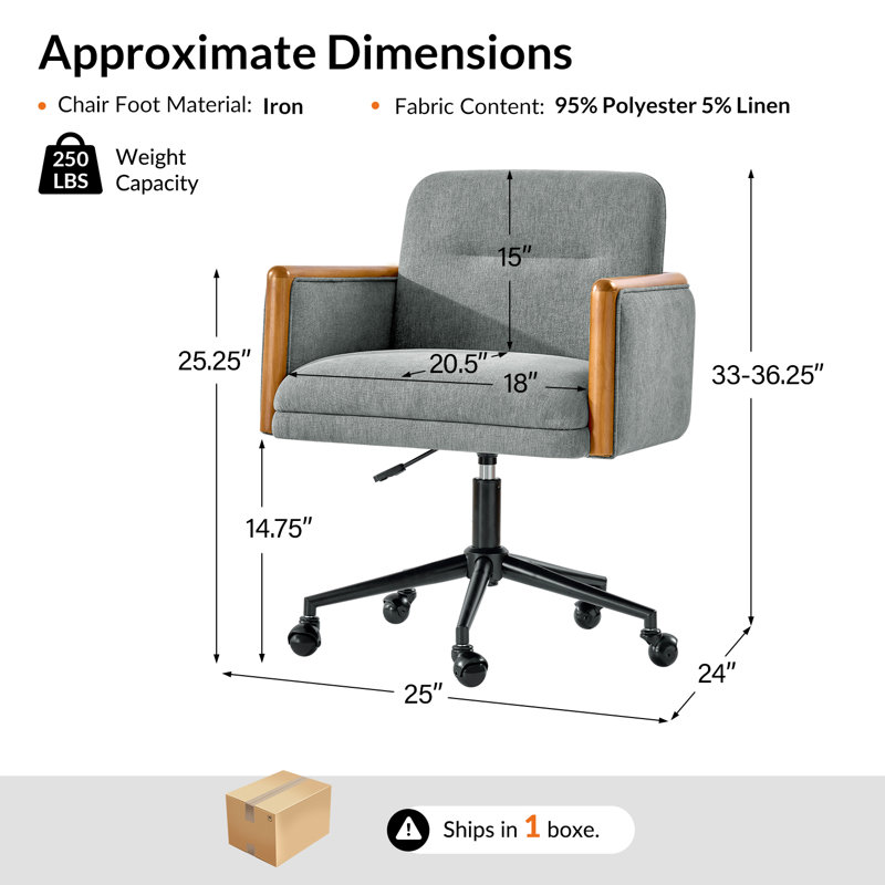 Avelina Larisa Modern Swivel Adjustable Height Task Office Chair with Solid Wood Square Armrests, Gray