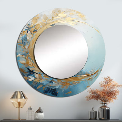 Couronne de fleurs bleue et dorée - miroir mural couronne, miroir décoratif rond beige, impression d'art en métal