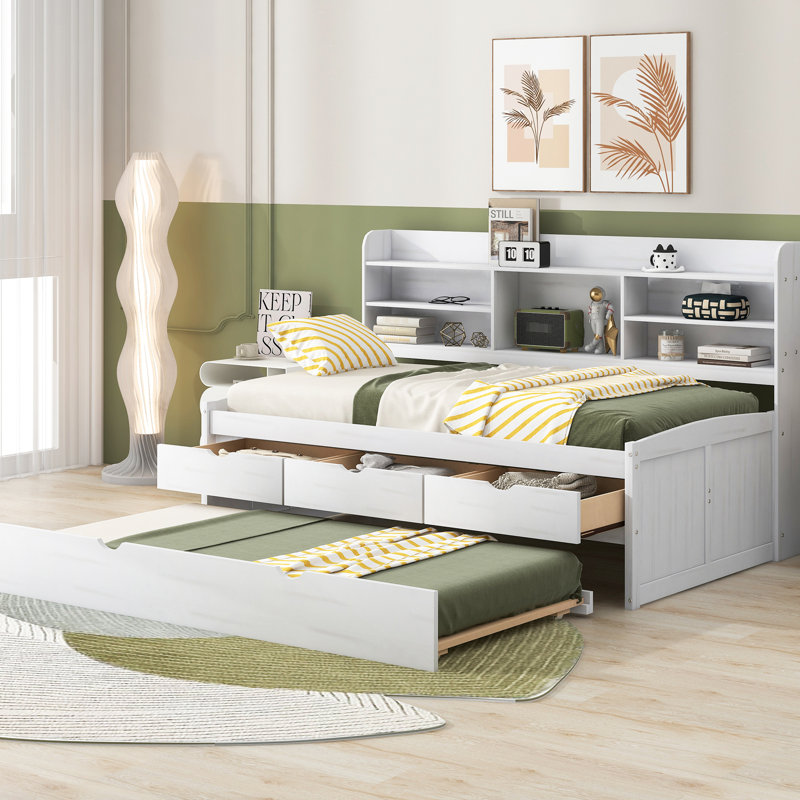 Lit simple en bois avec étagère à livres intégrée, 3 tiroirs de rangement et lit gigogne blanc