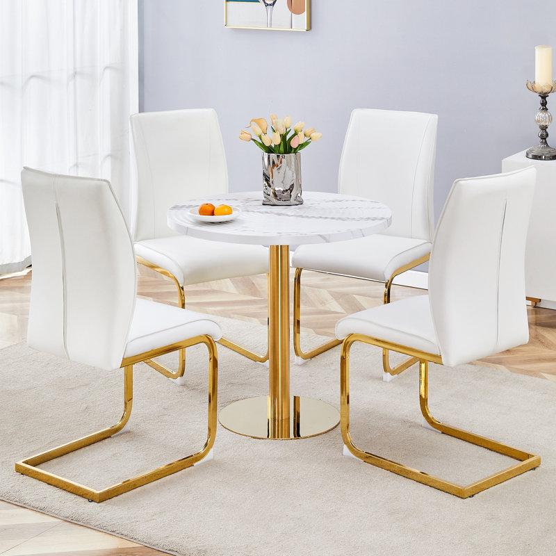  Ensemble de 5 tables de salle à manger rondes en marbre blanc avec chaises en polyuréthane haute résilience, blanc