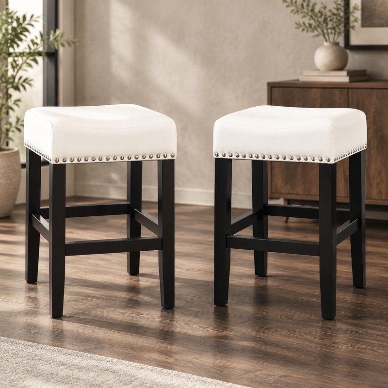 Ensemble de 2 tabourets de comptoir en cuir 26 po, 2 pièces, Blanc pur