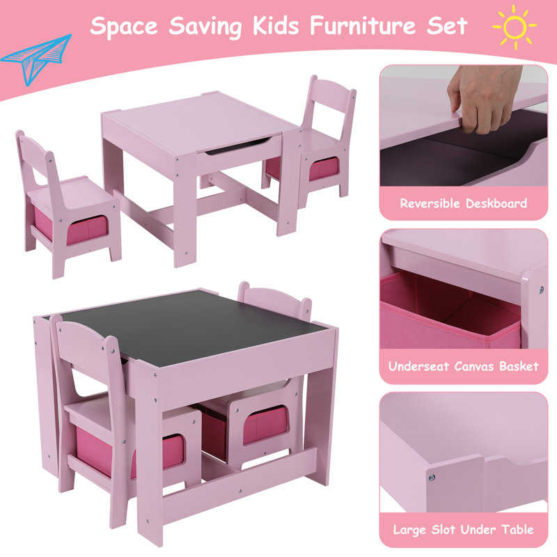 Pink Wooden Kids Activity Table Set with Storage Drawers