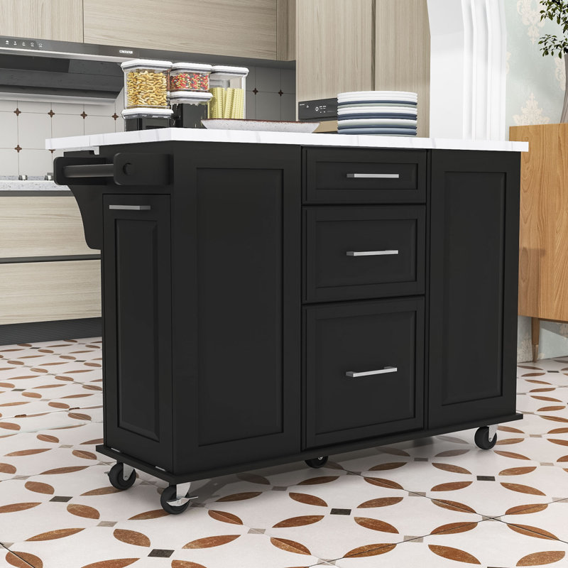 Rolling Kitchen Island with Storage Tilt Trash Can Cabinet, Drop Leaf, Pull Out Cabinet and Drawers, Black