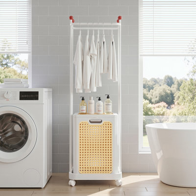 Rattan Style Laundry Hamper with Clothes Rack, Rolling Laundry Basket with Lid & 4 Wheels, Foldable Hamper Organizer with Locking Casters, Laundry Sorter for Bedroom, Bathroom, Closet