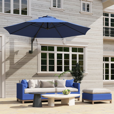 Parasol d'extérieur mural avec pivot et manivelle, bleu
