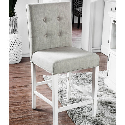 Ensemble de 2 chaises à hauteur de comptoir de style rustique blanc antique et gris avec dossier capitonné rétro pour salle à manger de 2 personnes et tissu classique