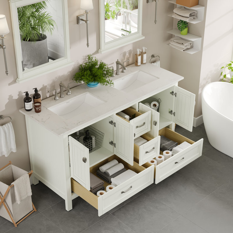 Meuble-lavabo double en porcelaine encastrable l 60 po x P 22 po Glebs, Quartz - blanc de Carrare, Blanc