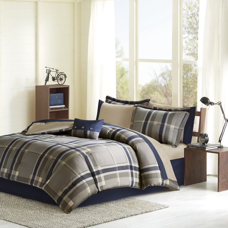 Robbie Plaid Comforter Set with Bed Sheets, Twin Comforter + 6 Additional Pieces, Navy/Taupe