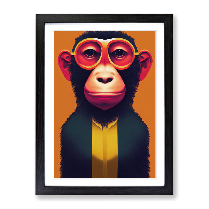 Monkey In Glasses No.4 - Wall Art, 64cm H x 46cm W x 2cm D, Black Framed