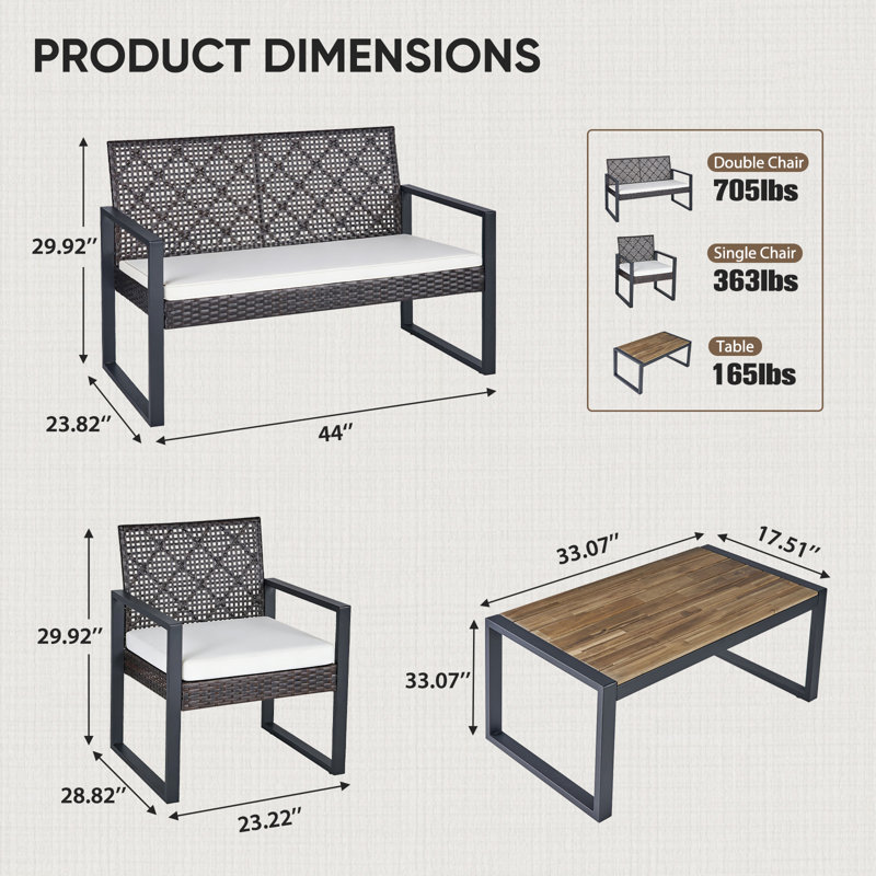 Ensemble de conversation de patio en osier 4 pièces avec table basse, Coussin beige, Rotin brun Morden