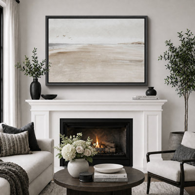Minimal Landscape "Coastal Sandy Beach Seascape Artwork, Abstract Minimalist Neutral Decor Wall Pictures, Large Framed Canvas Giclee Print Wall Art"