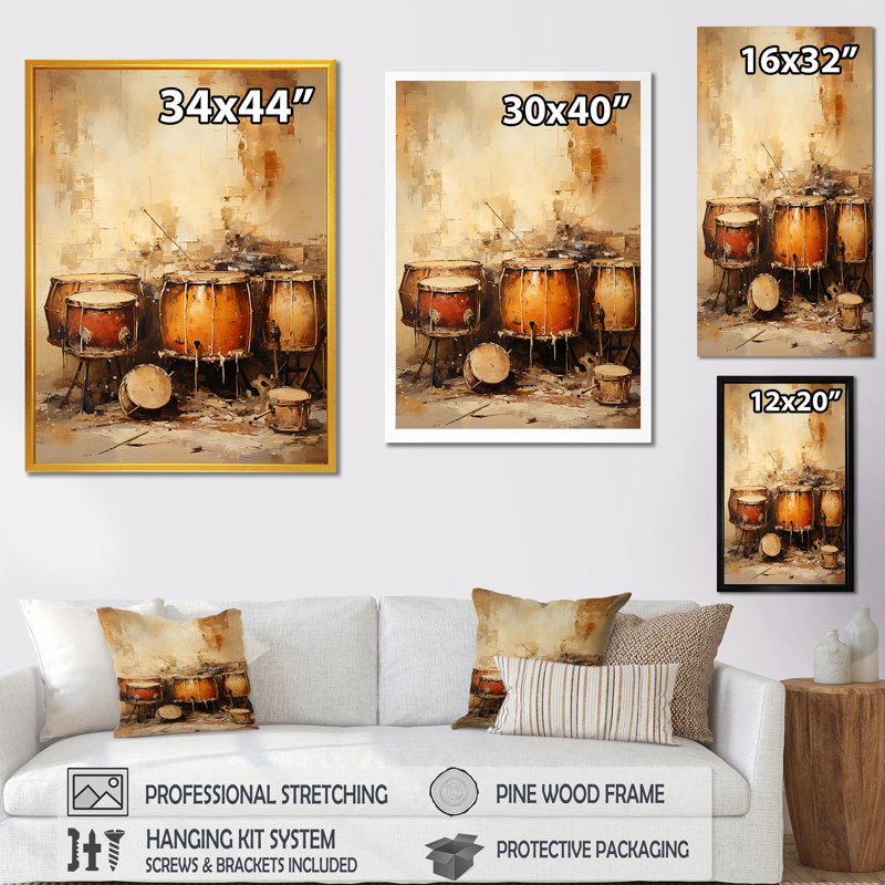 «Brown Music Drums Rhythm Revicat IV», art mural musical, Toile tendue, H 20 po x l 12 po