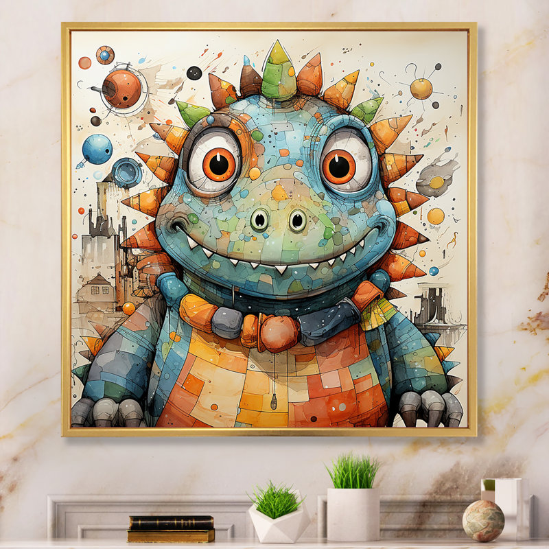 Cubist Dinosaur Nursery I - art de mur de dinosaure, Cadre flottant doré, 36" H x 36" W
