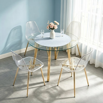 Kennetra 42" Modern Round Dining Set, Tempered Glass Table with Plastic Ghost Chairs