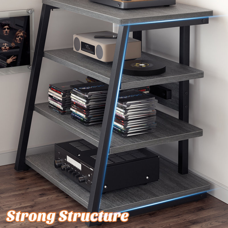 Support pour lecteur de disques à 4 niveaux de 31 po avec prises, console média avec lumières DEL, Argent argent