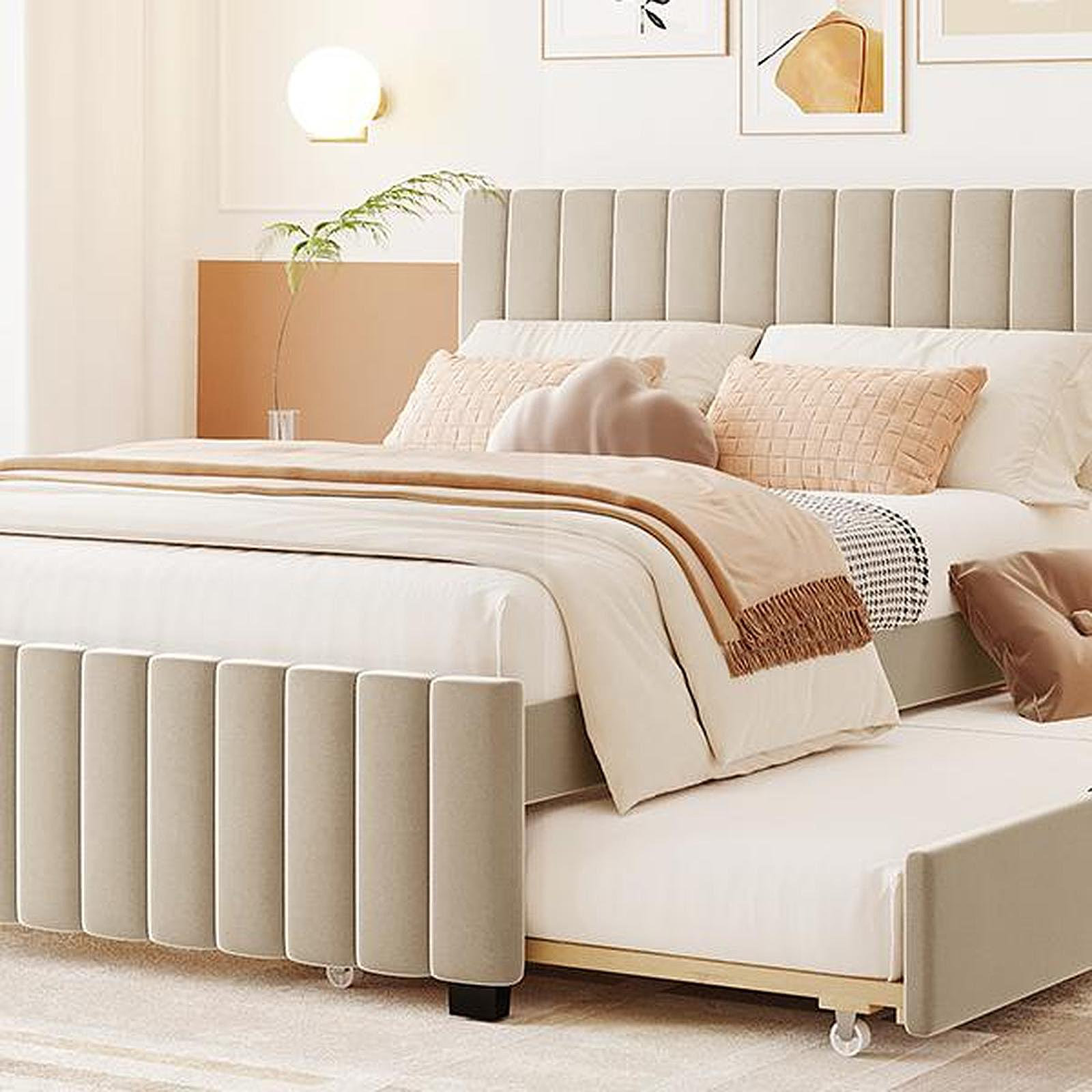 buthreing Full Size Velvet Upholstered Platform Bed With Twin Size ...