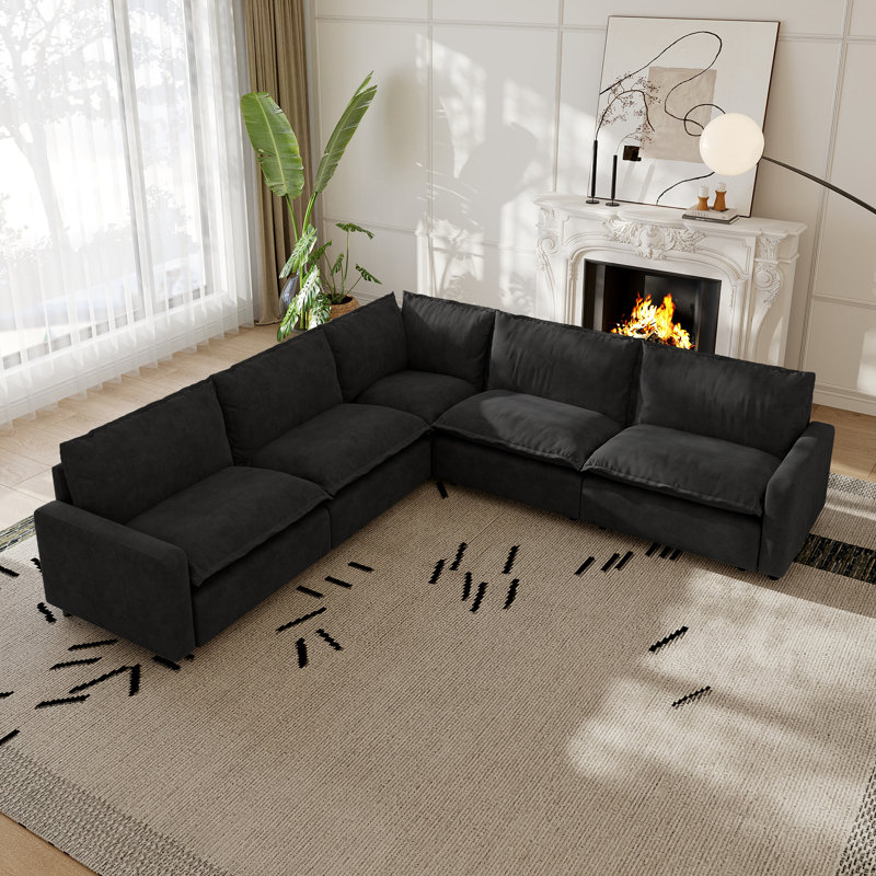 5-Piece Upholstered Modular Linen Fabric Sectional Sofa, Gray Linen