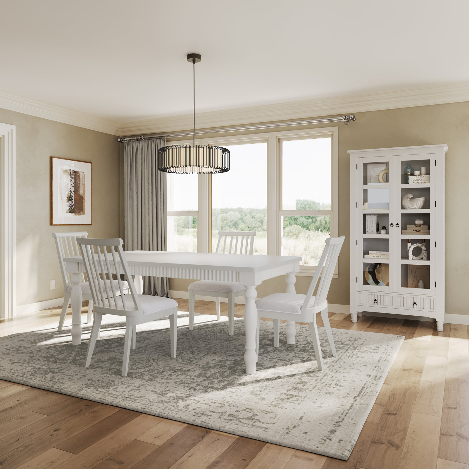 Pearce Modern Farmhouse Extension Dining Set With Dowelback Chairs, 5 Pieces: Table, 4 Chairs, White