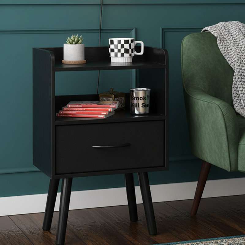 Table de chevet Mid-Century 15,75 po - Structure en bois, tiroir et tablette ouverte, Noir