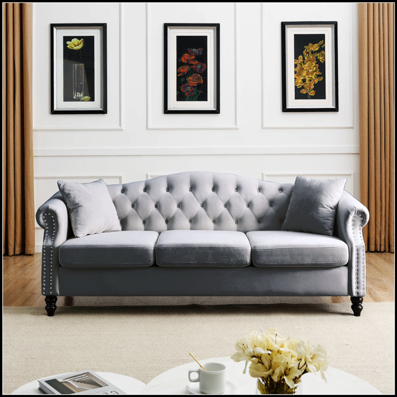 Canapé Chesterfield 79 pouces en velours gris pour salon, canapé 3 places, Gris