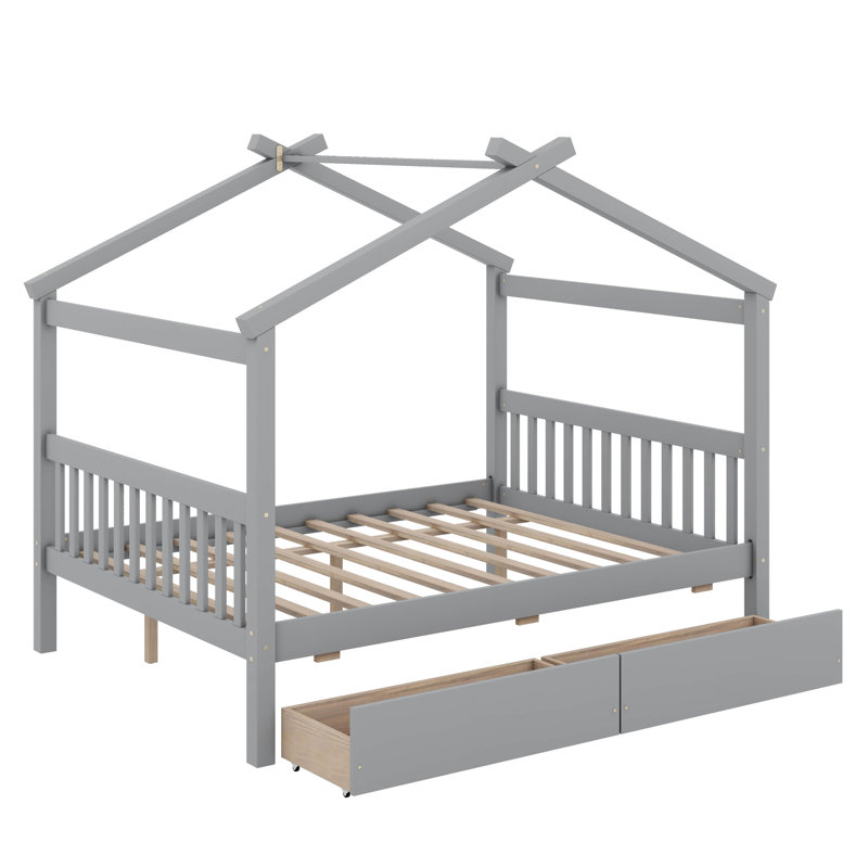Wooden House Bed With Drawers, Full, Gray