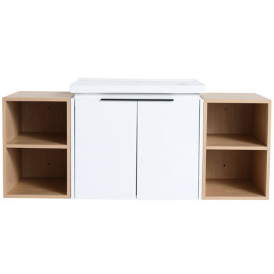 White Bathroom Vanity With Ceramic Basin, 48 Inch, Soft Closing Doors, Two Storage Shelves, Wall Mounted 48" Mount, Close 2 Small Captivating Look
