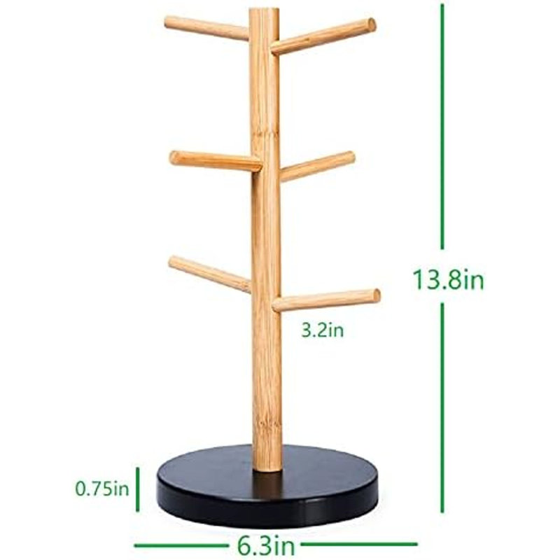 Arbre porte-gobelet en bambou, support de tasse à café à base plus épaisse pour comptoir, porte-gobelet de comptoir avec 6 crochets