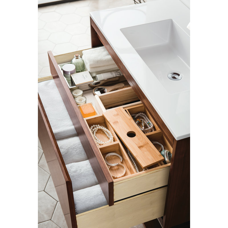 Mantova 35.5'' W Single Vanity, Glossy White, Mid Century Walnut/Champagne Brass
