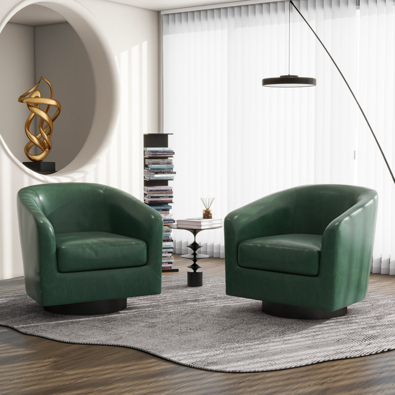 Fauteuil demi-tonneau pivotant en similicuir vert Applewold avec base en bois massif, Similicuir vert